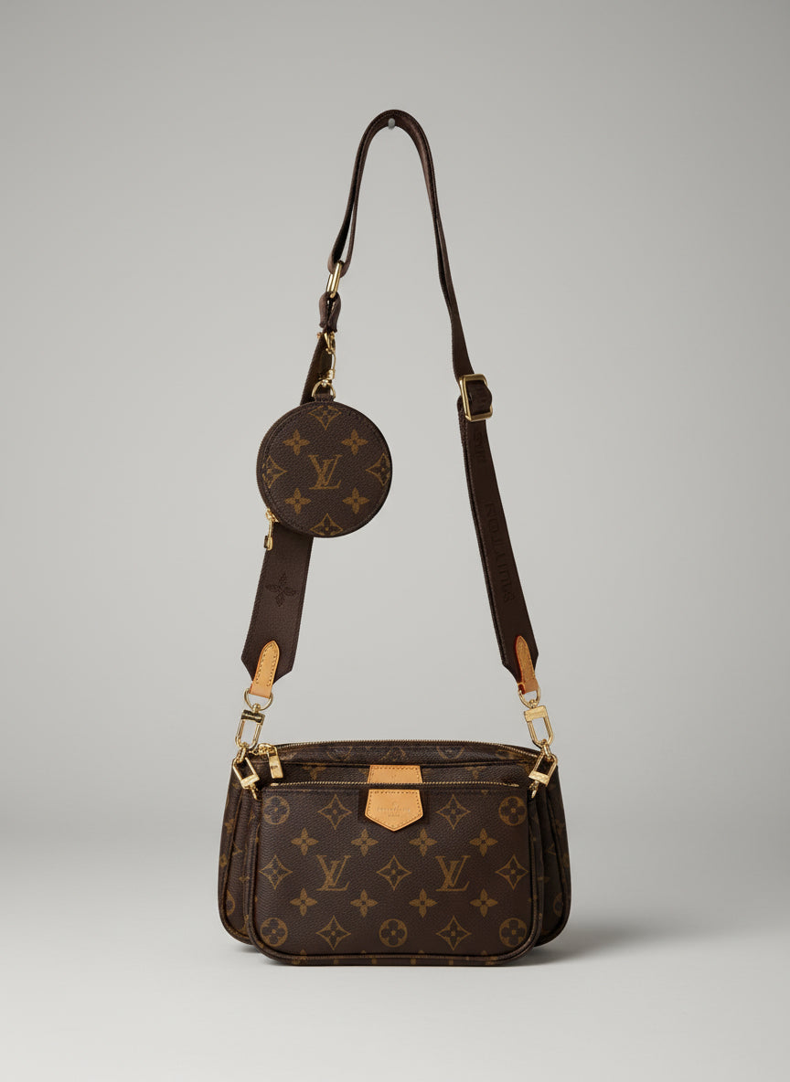 Luxury Monogram Multi-Piece Crossbody Set - Brown Canvas with Gold Hardware