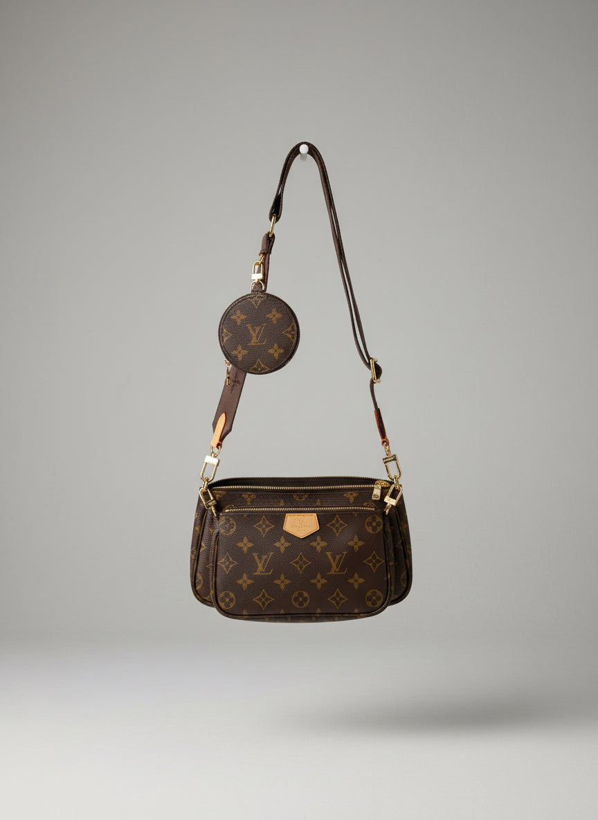 Luxury Monogram Multi-Piece Crossbody Set - Brown Canvas with Gold Hardware