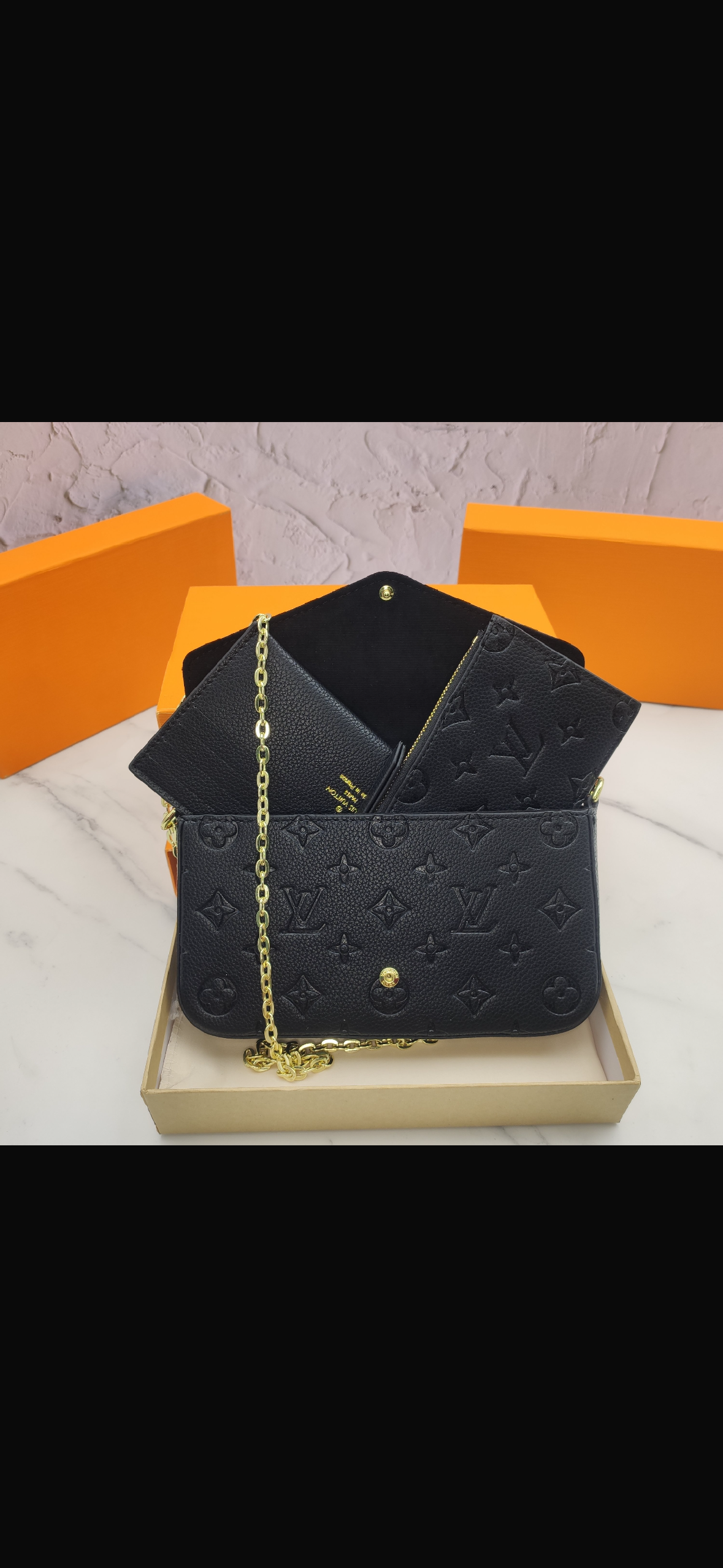 Designer Black Monogram Crossbody Bag with Gold Chain