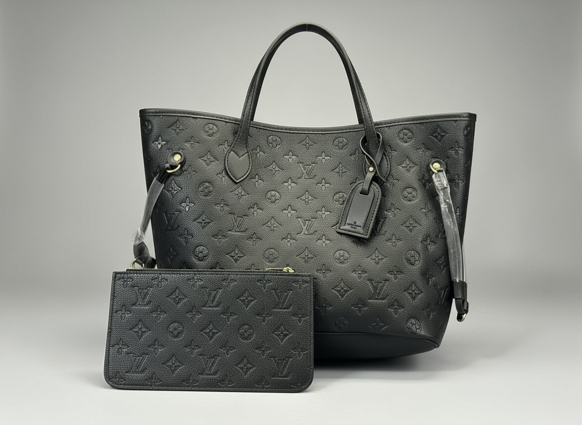 Luxury Monogram Leather Handbag Set - Black