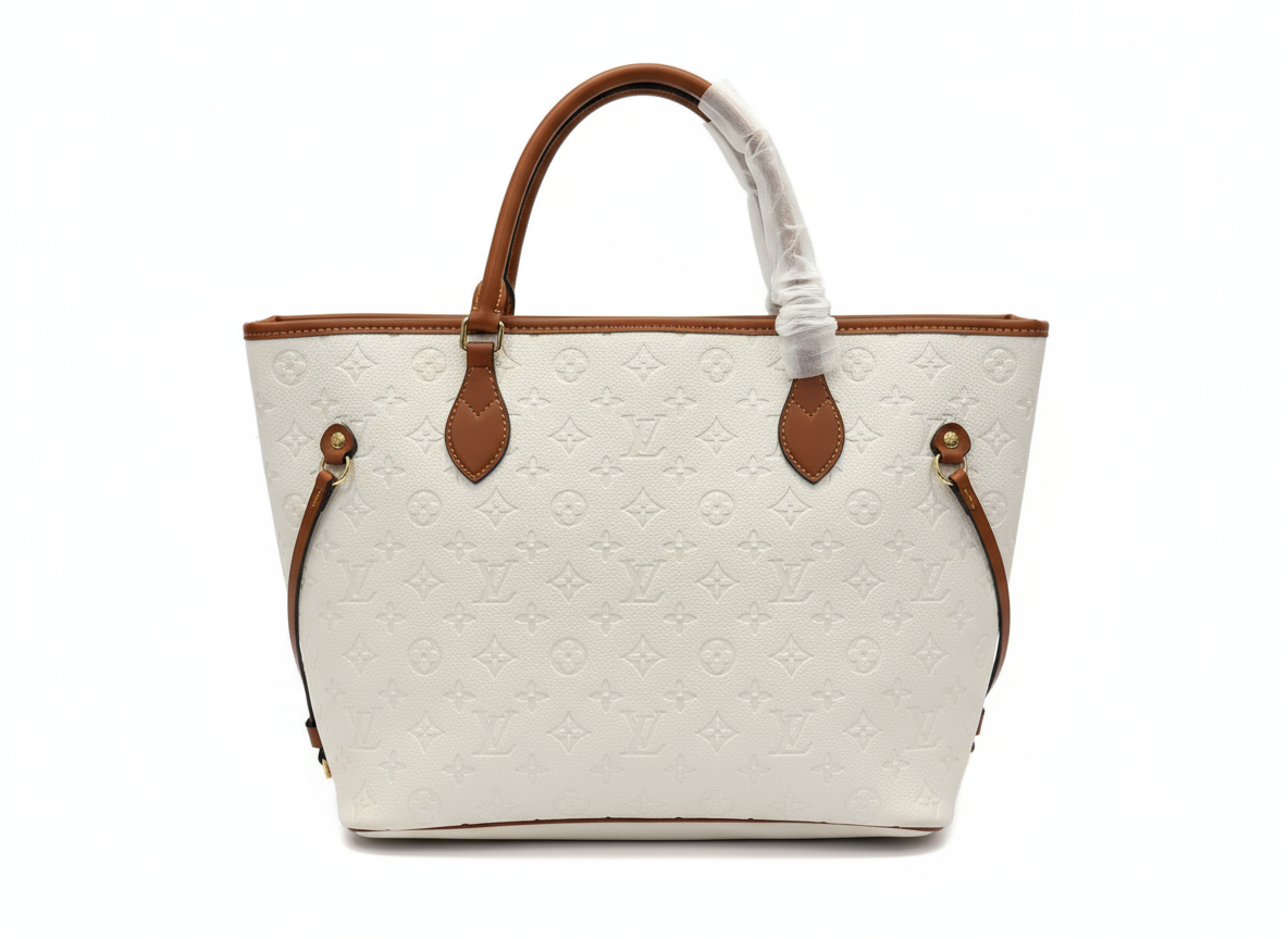 Designer White Monogram Tote Bag Set with Cognac Trim - 2 Piece