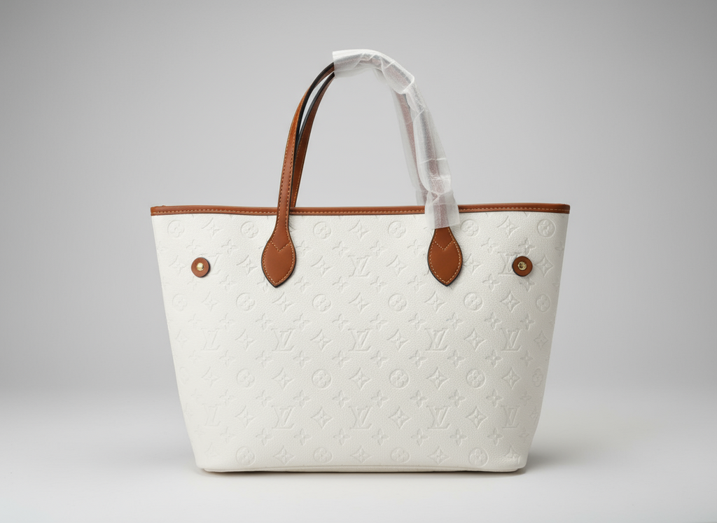 Designer White Monogram Tote Bag Set with Cognac Trim - 2 Piece