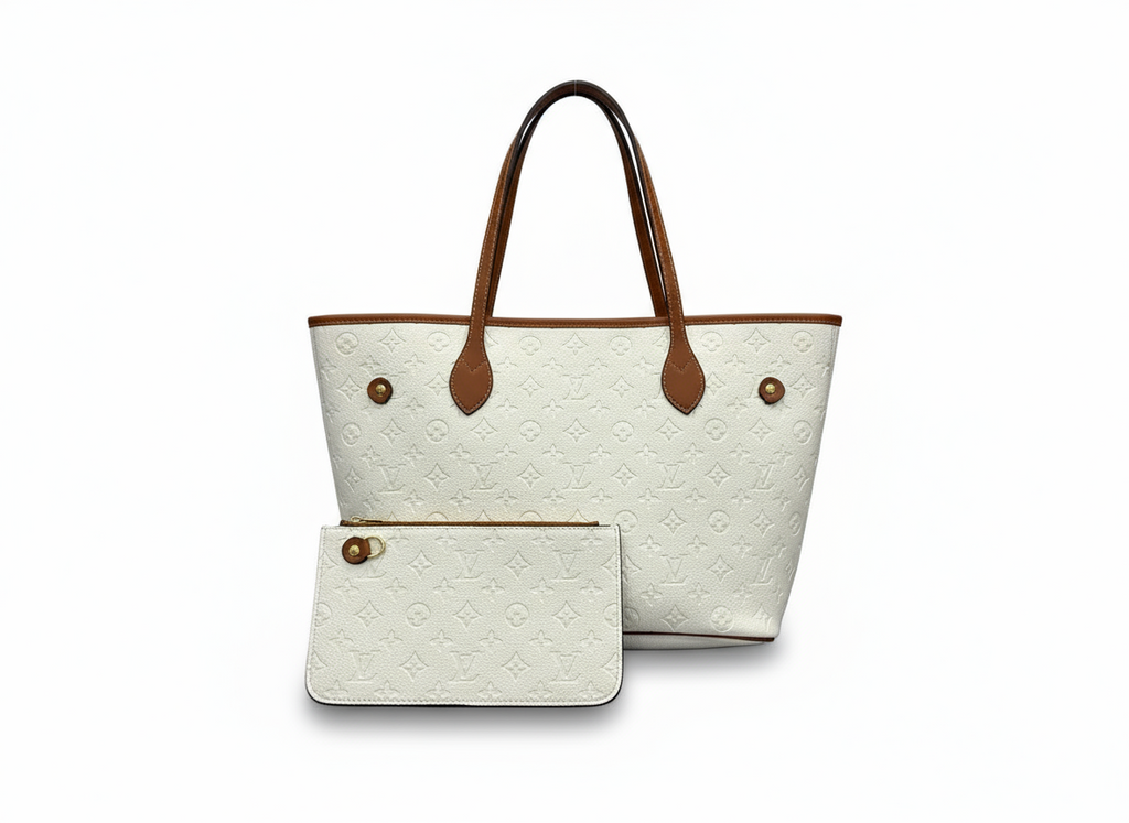 Designer White Monogram Tote Bag Set with Cognac Trim - 2 Piece