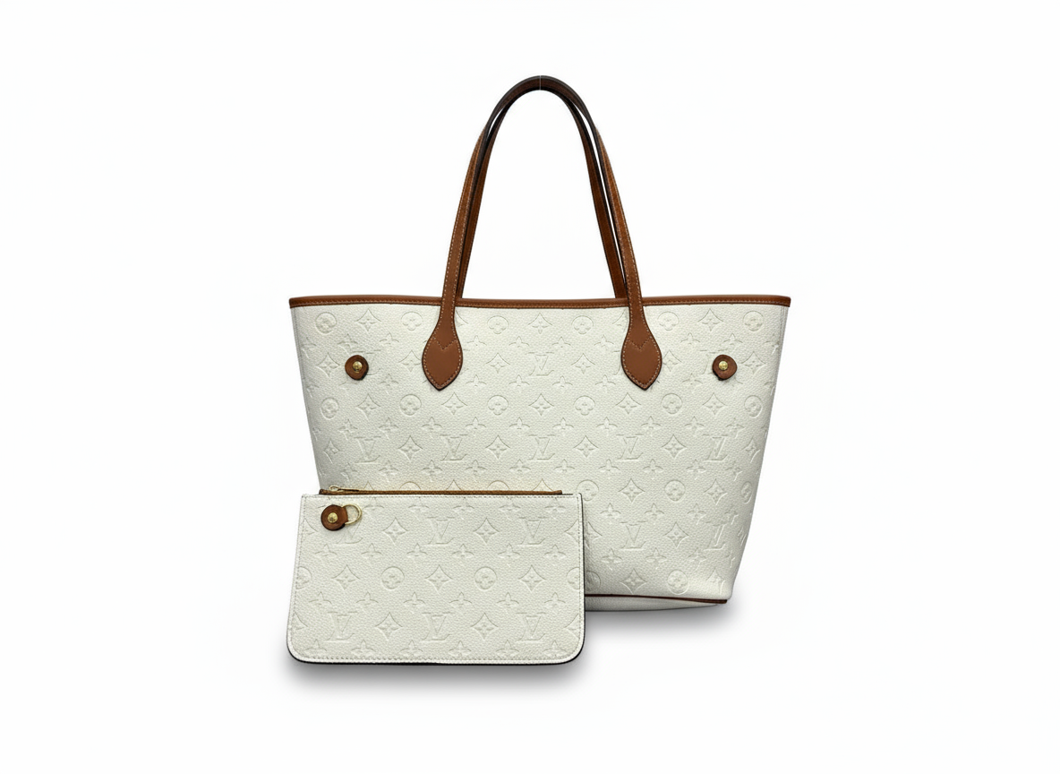 Designer White Monogram Tote Bag Set with Cognac Trim - 2 Piece