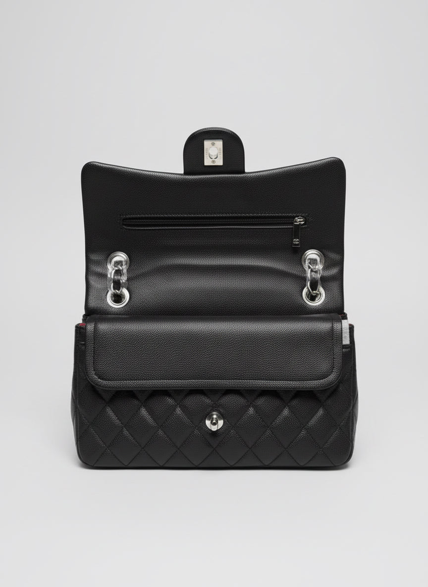 Classic Quilted Flap Shoulder Bag - Black